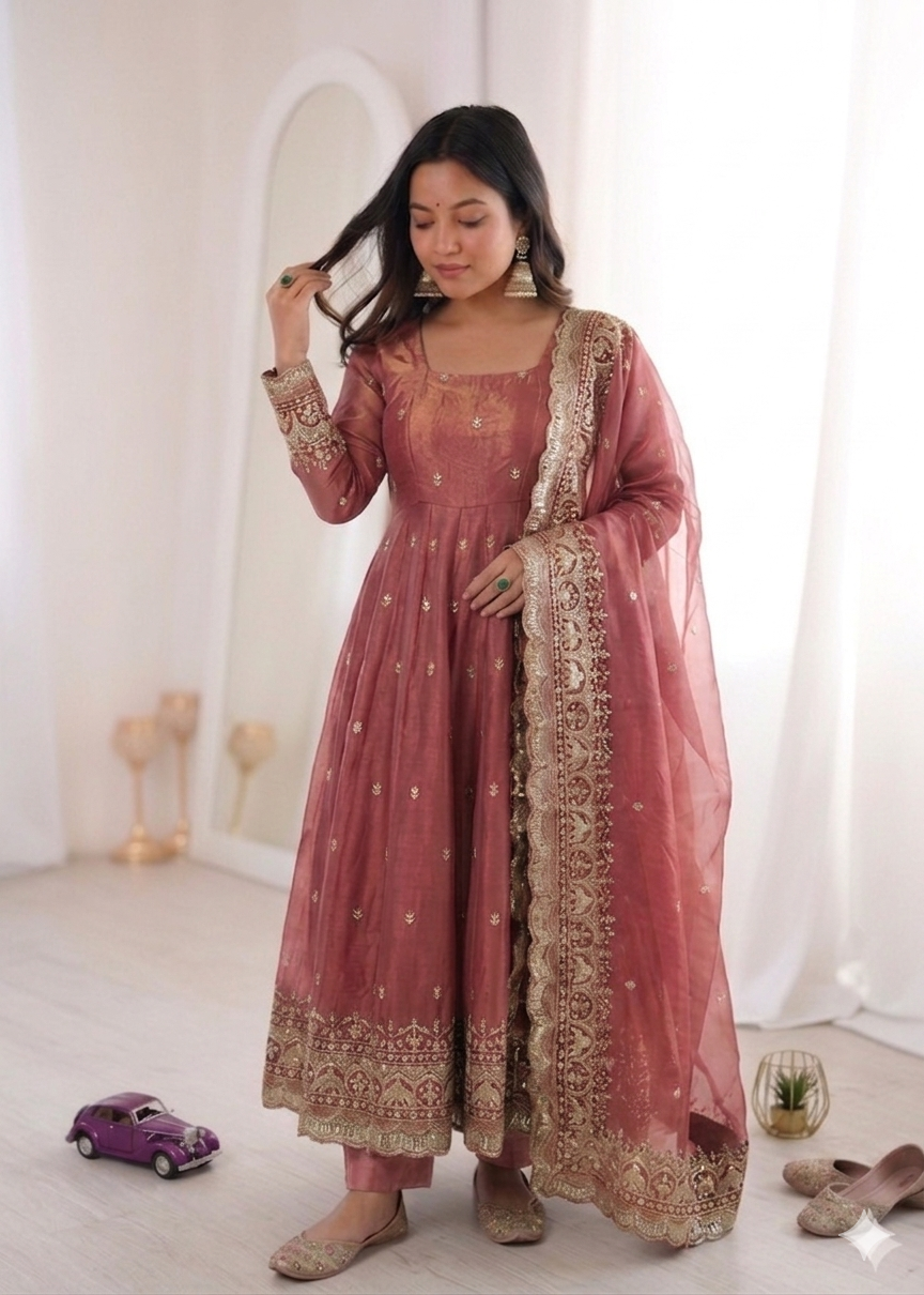 Rudhira Embroidery Sequins Fandy Silk Work Suit Set