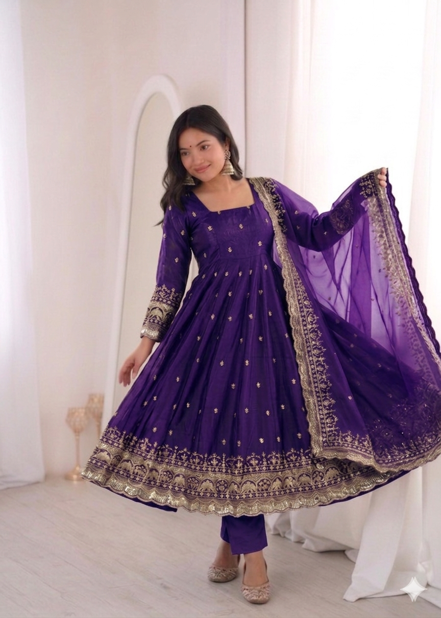 Rudhira Embroidery Sequins Fandy Silk Work Suit Set