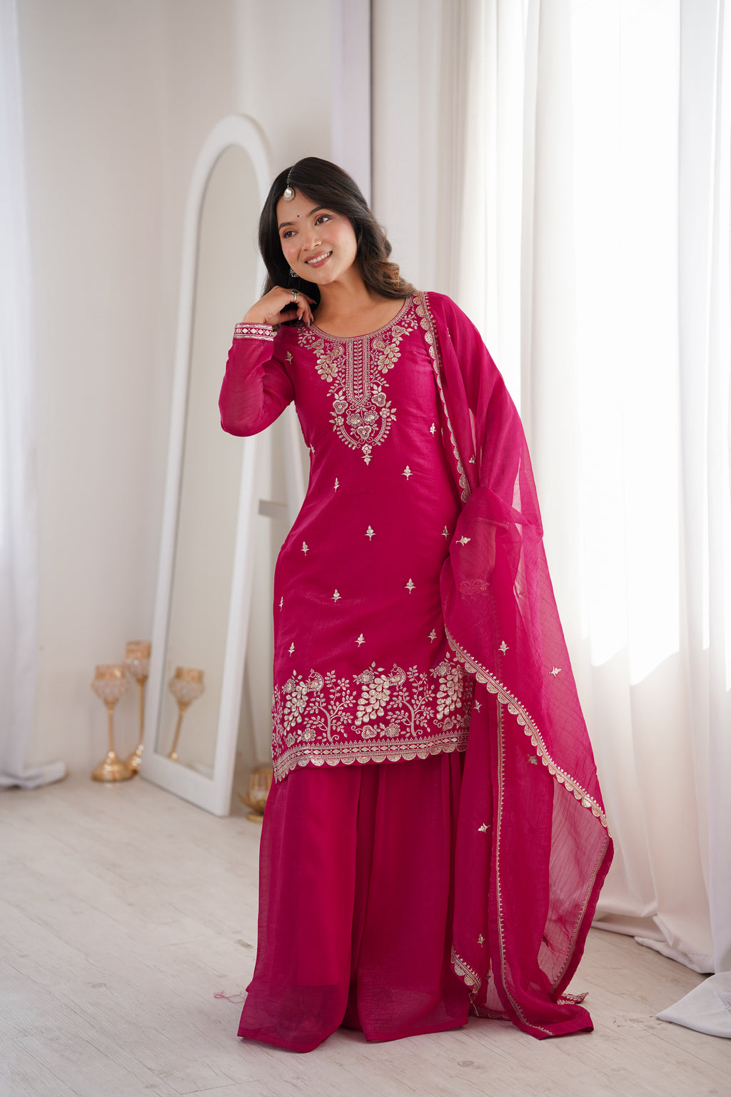 Dark Pink Crunchy Silk Sharara Set
