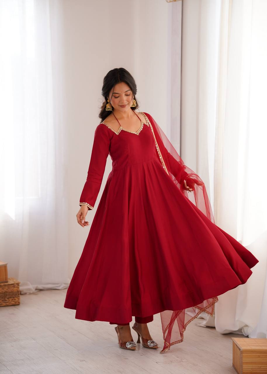 Maroon Romansilk Chanderi Kurta Set