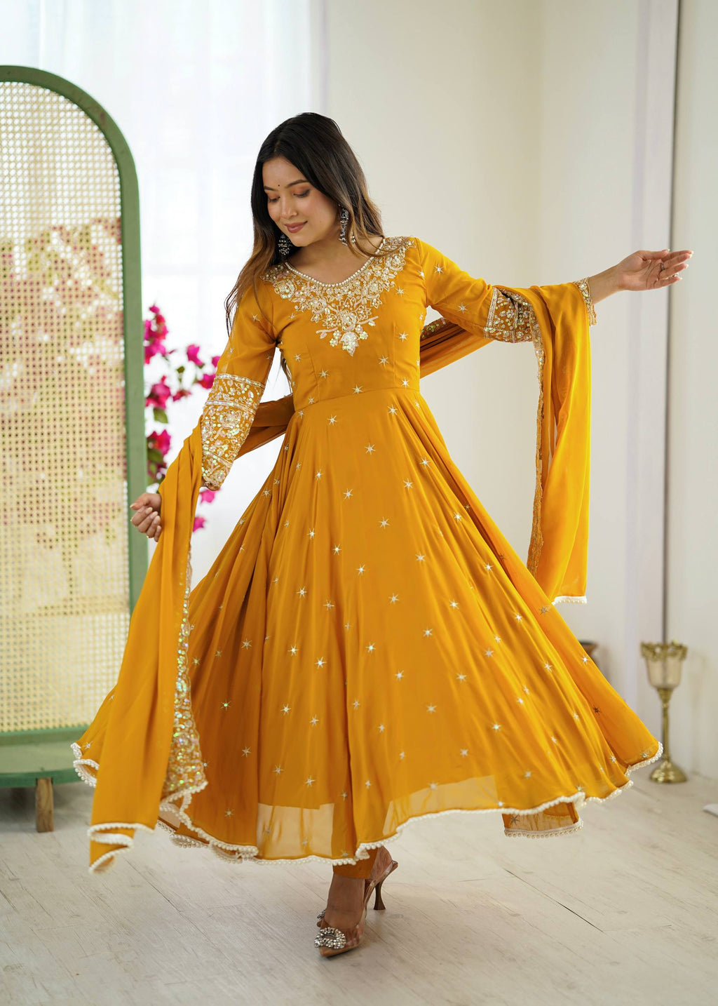 Mustard Heavy Embroidery Rainbow Sequence with Moti Work Suit Set