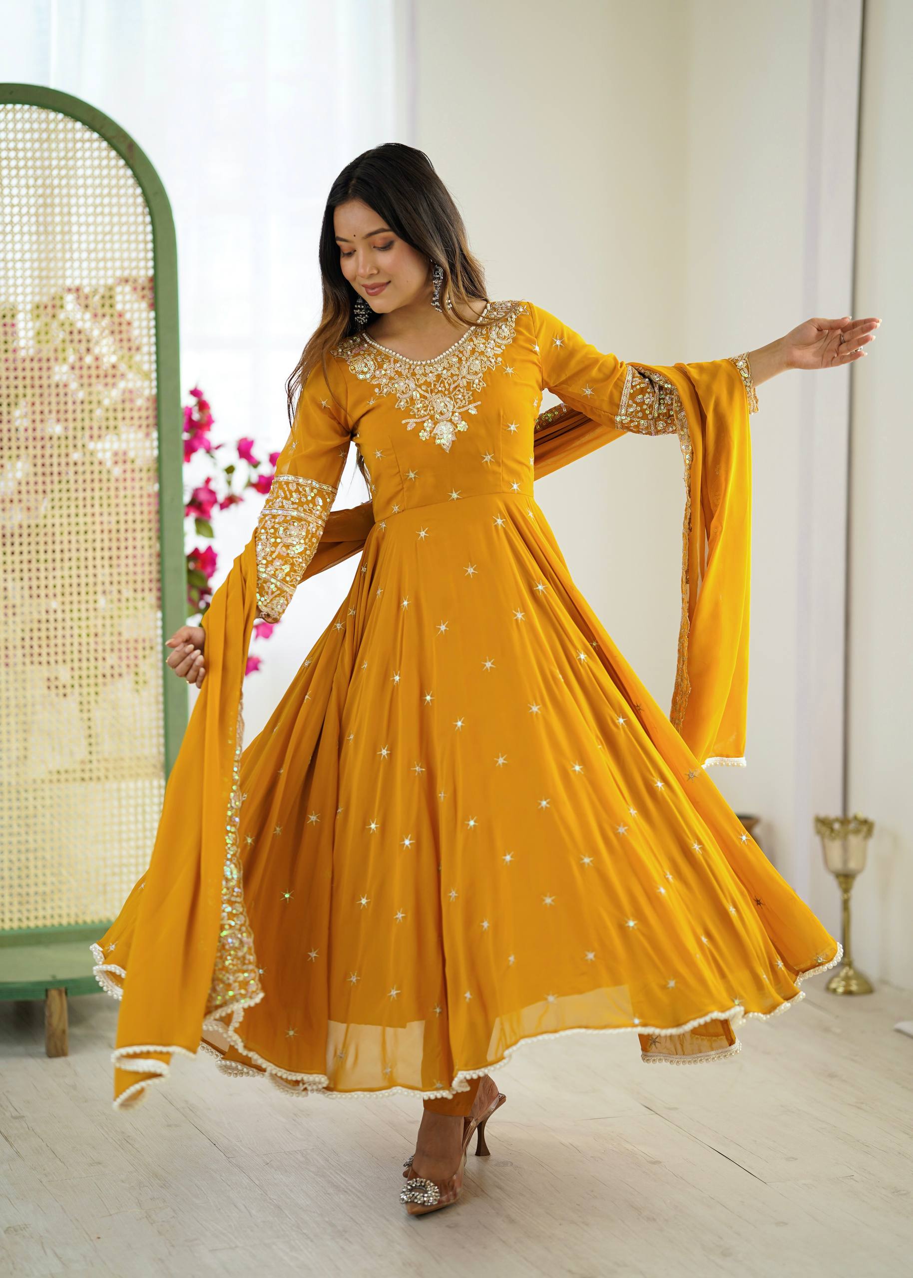 Mustard Heavy Embroidery Rainbow Sequence with Moti Work Suit Set