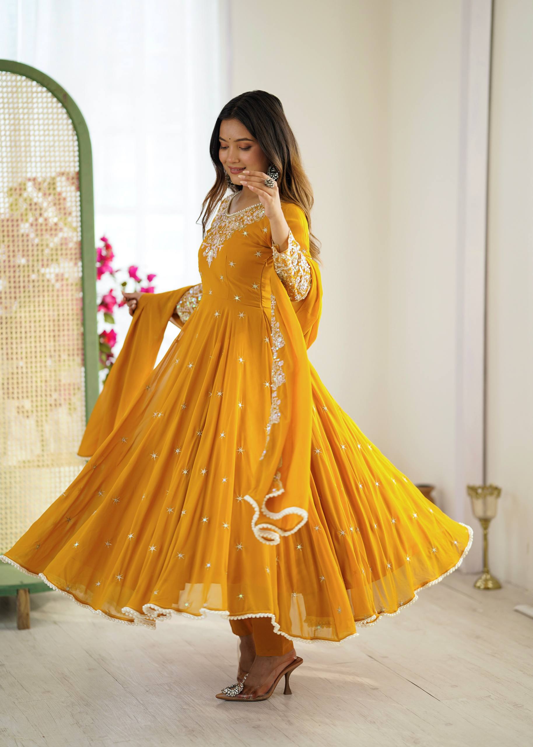 Mustard Heavy Embroidery Rainbow Sequence with Moti Work Suit Set