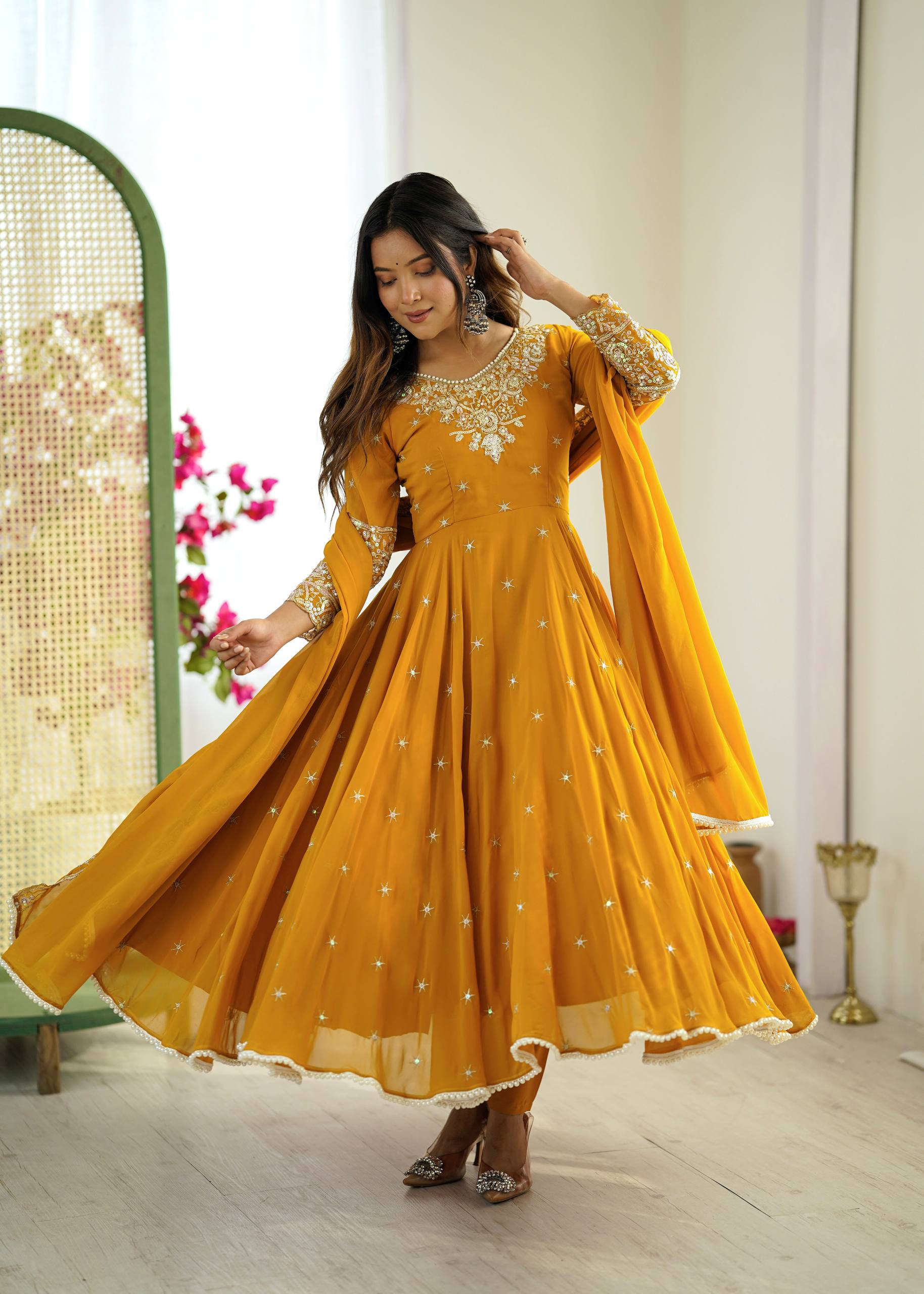 Mustard Heavy Embroidery Rainbow Sequence with Moti Work Suit Set