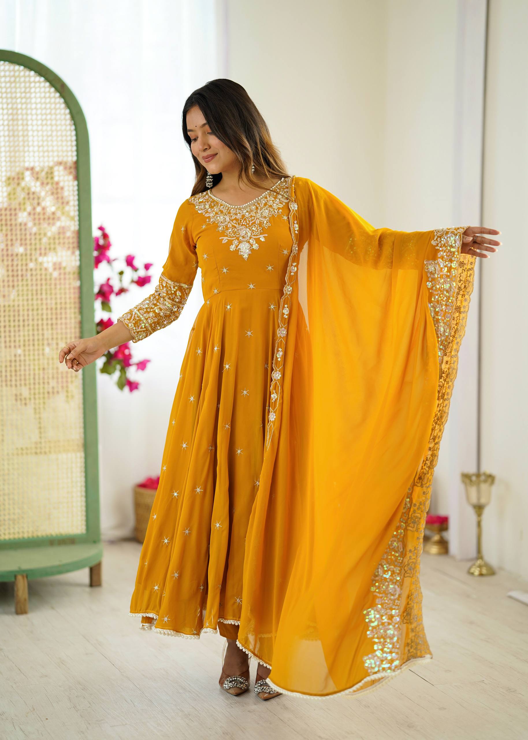 Mustard Heavy Embroidery Rainbow Sequence with Moti Work Suit Set