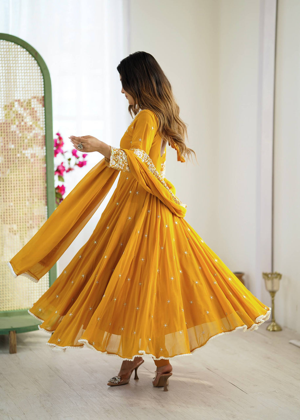 Mustard Heavy Embroidery Rainbow Sequence with Moti Work Suit Set