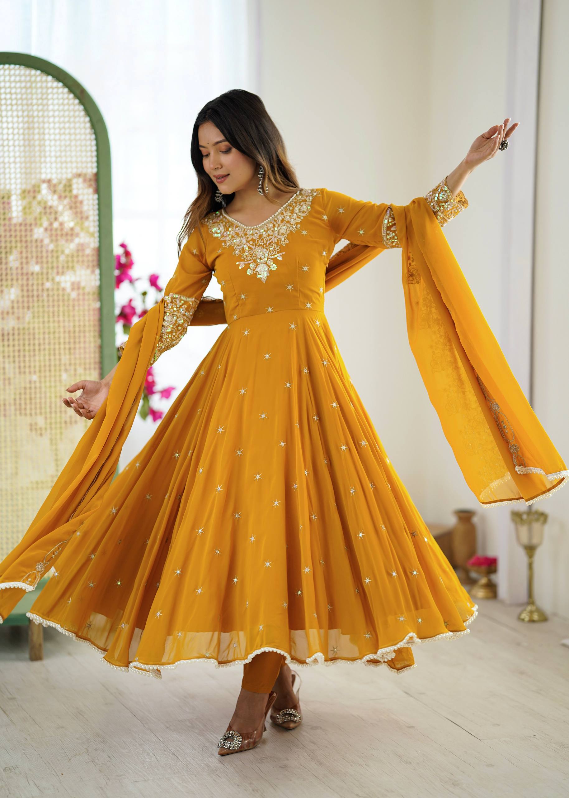 Mustard Heavy Embroidery Rainbow Sequence with Moti Work Suit Set