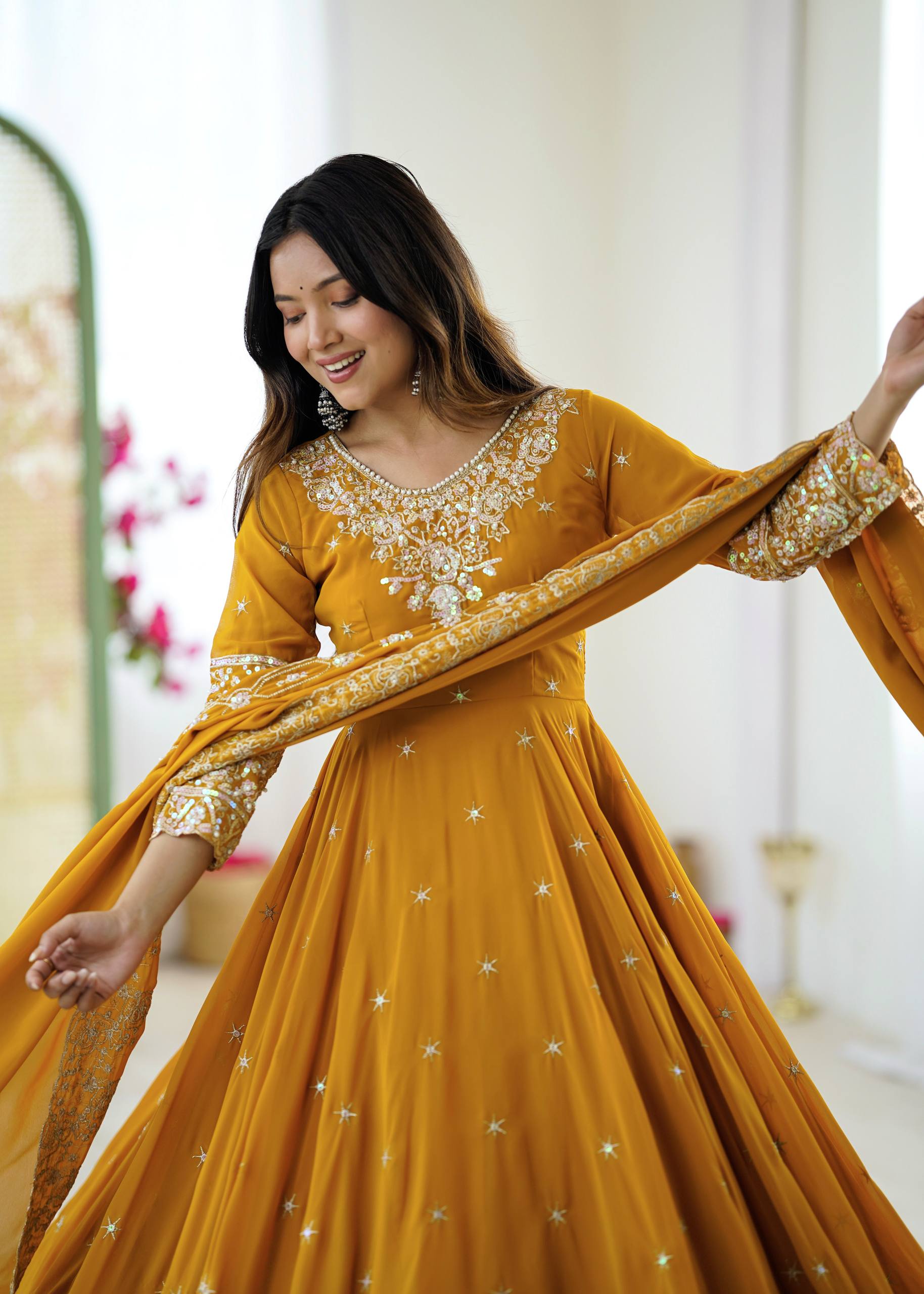 Mustard Heavy Embroidery Rainbow Sequence with Moti Work Suit Set