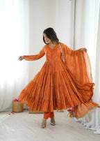 Rust Mal Chanderi Ruffle Kurta Set