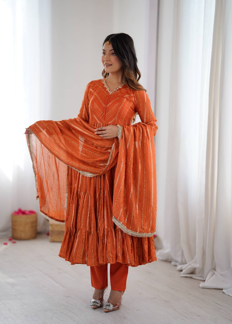 Rust Mal Chanderi Ruffle Kurta Set