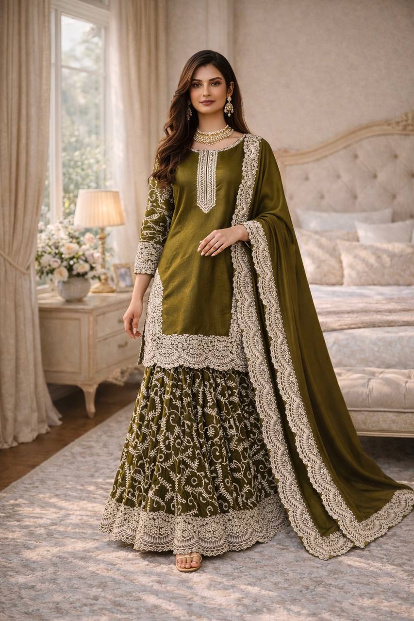Green Fandy Silk Eid Sharara Set