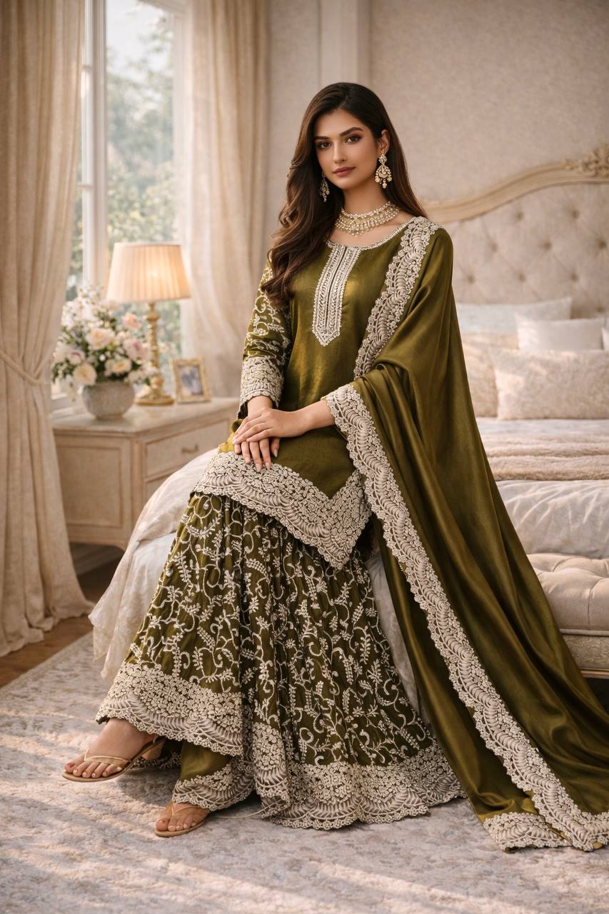 Green Fandy Silk Eid Sharara Set