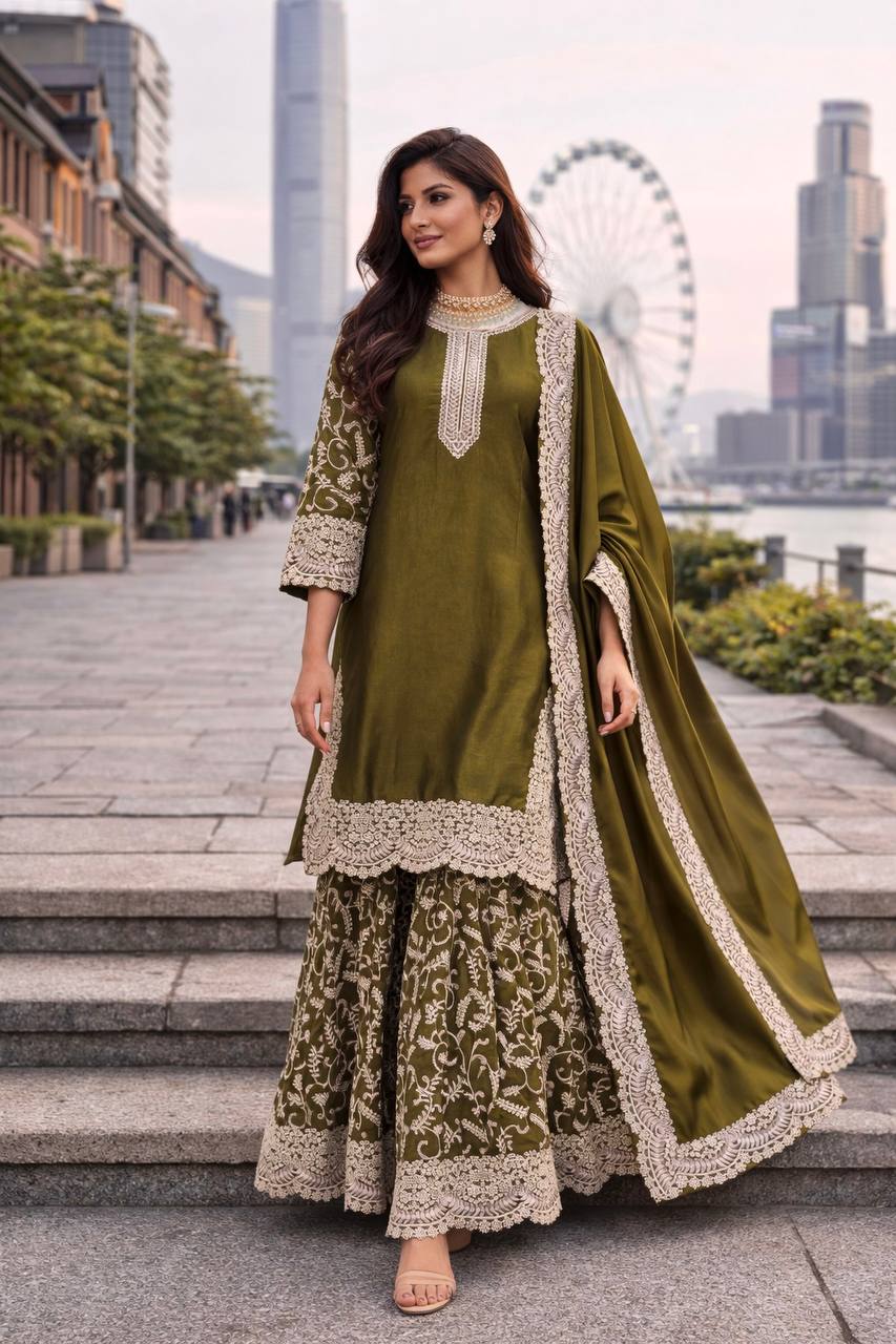 Green Fandy Silk Eid Sharara Set