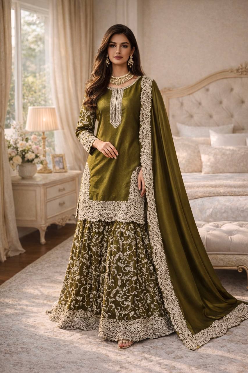 Green Fandy Silk Eid Sharara Set