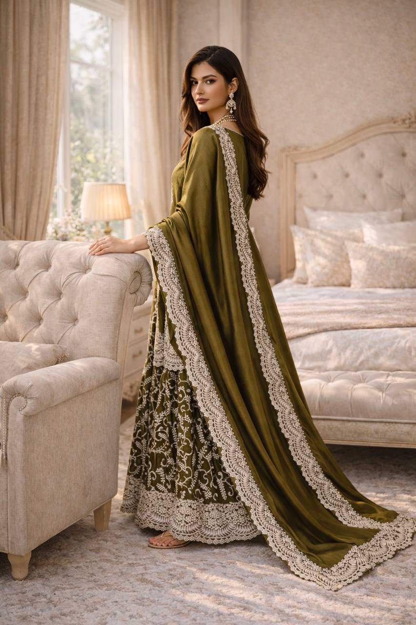 Green Fandy Silk Eid Sharara Set