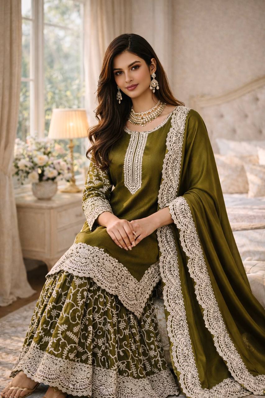 Green Fandy Silk Eid Sharara Set