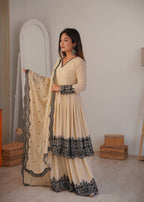 Cream Faux Georgette Sharara Set