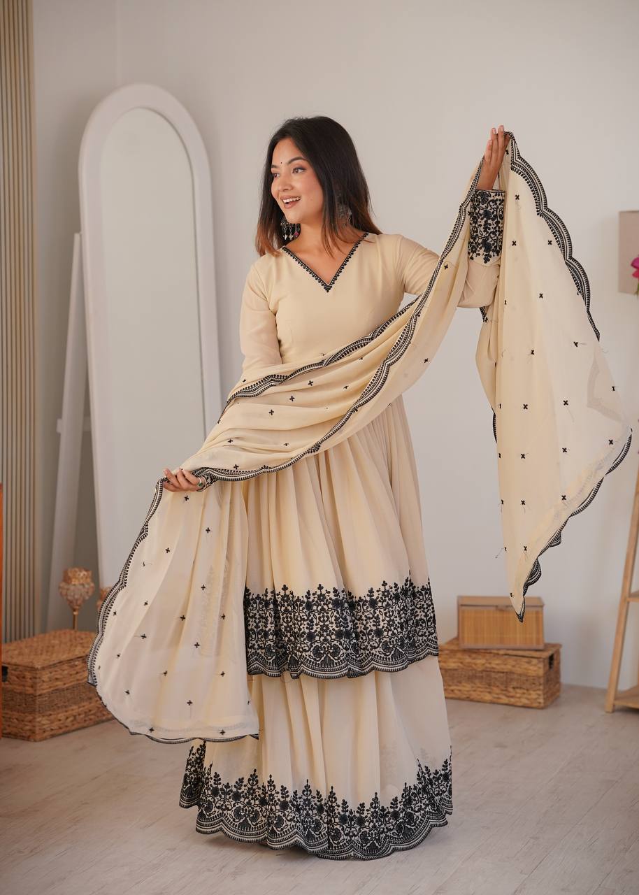 Cream Faux Georgette Sharara Set
