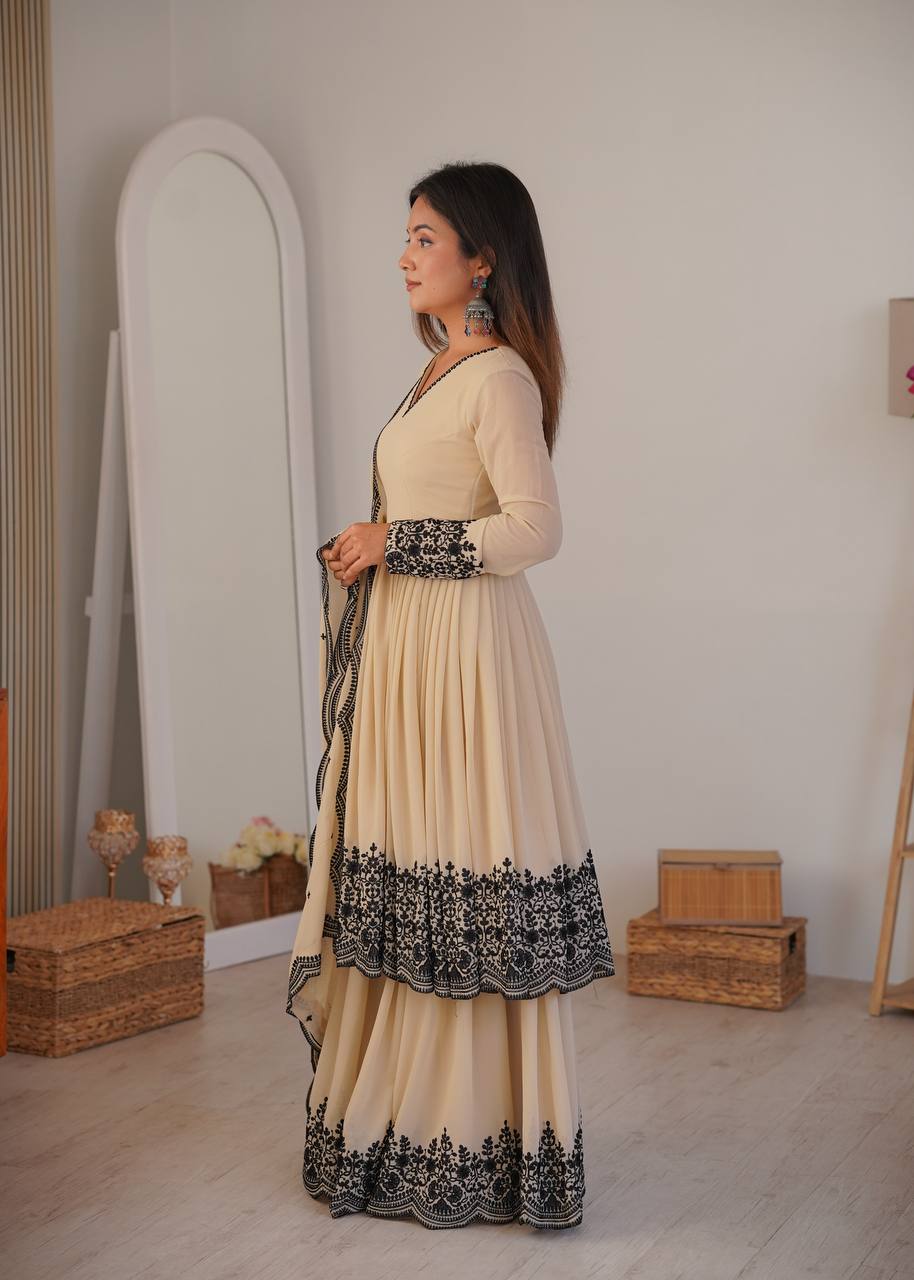 Cream Faux Georgette Sharara Set