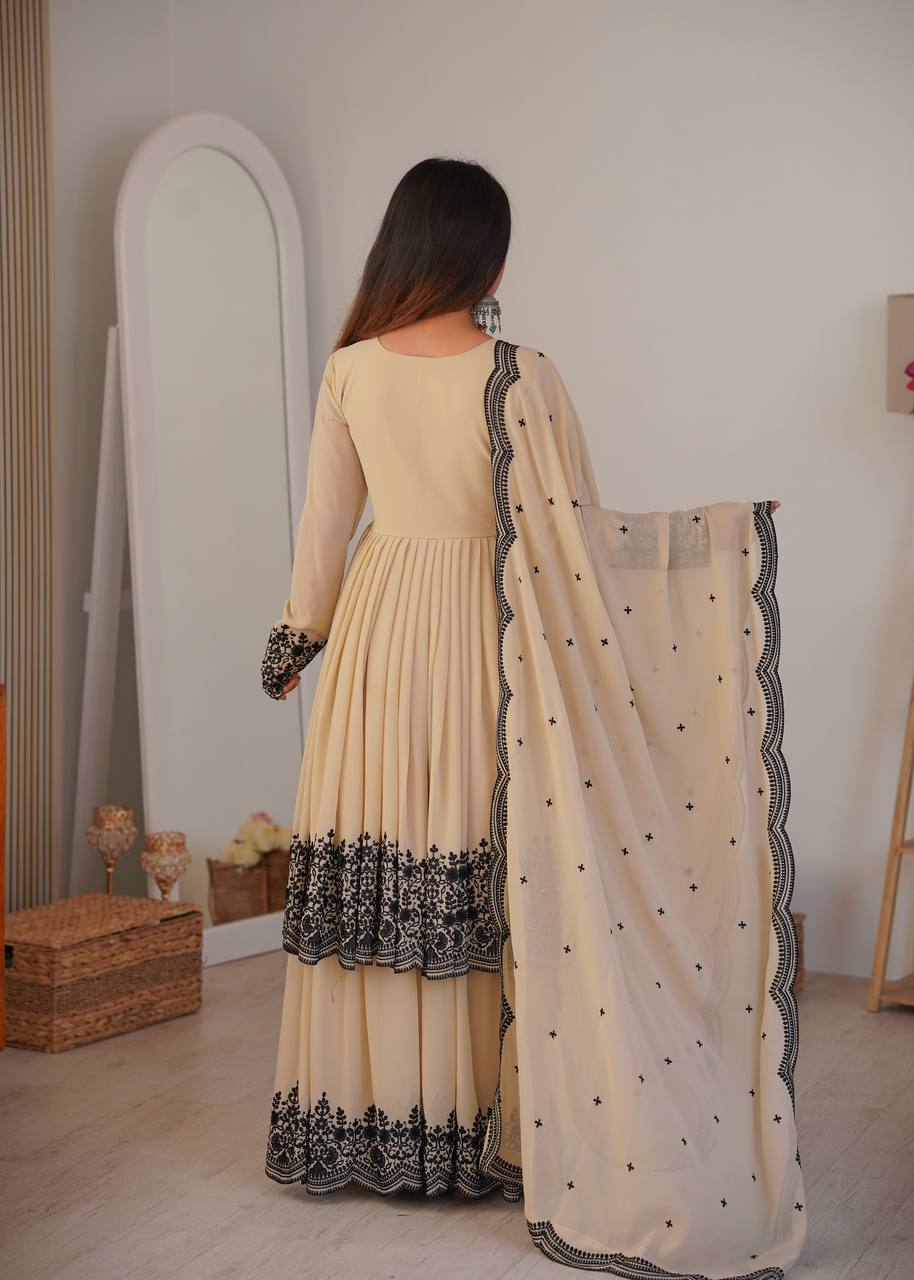 Cream Faux Georgette Sharara Set