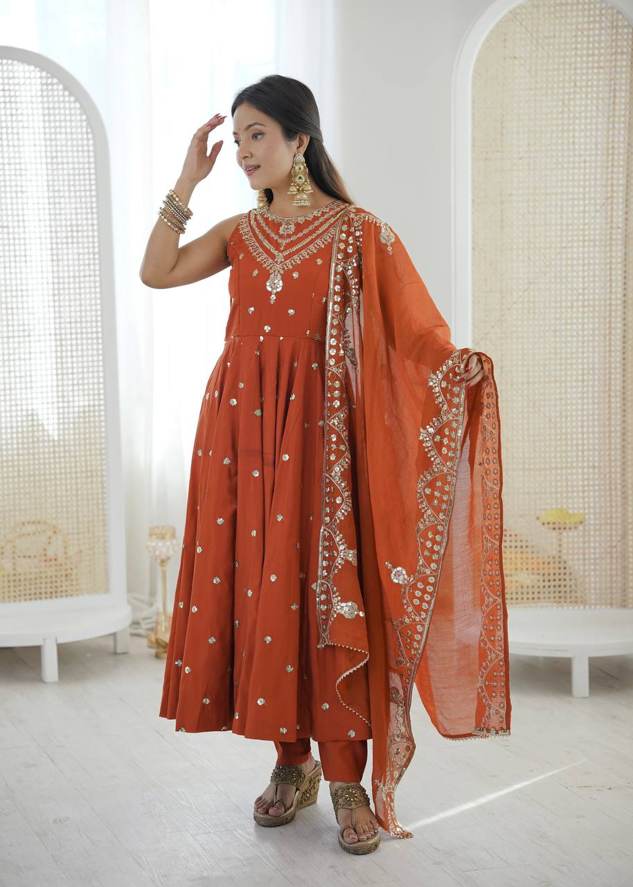 Rust Roman Embroidery Work Suit Set