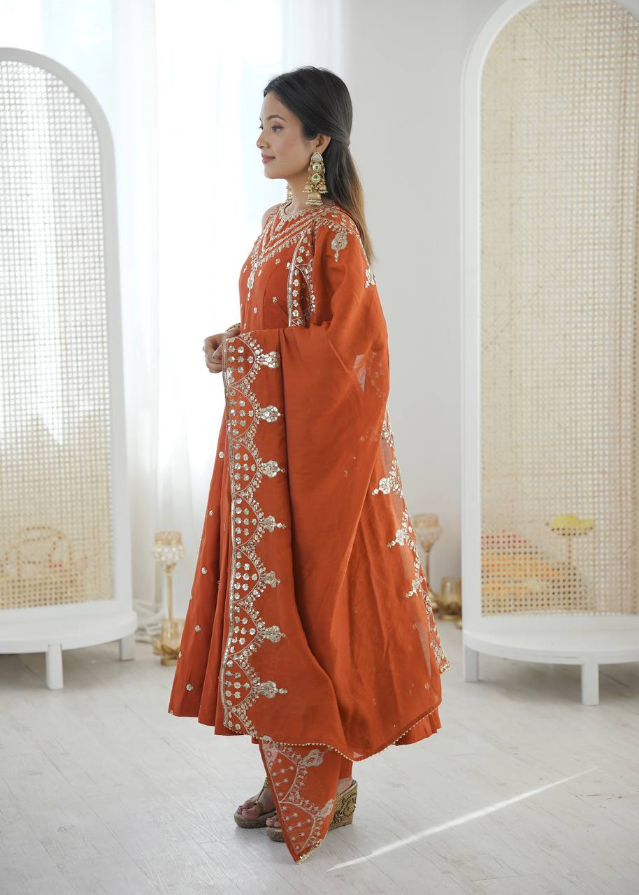 Rust Roman Embroidery Work Suit Set