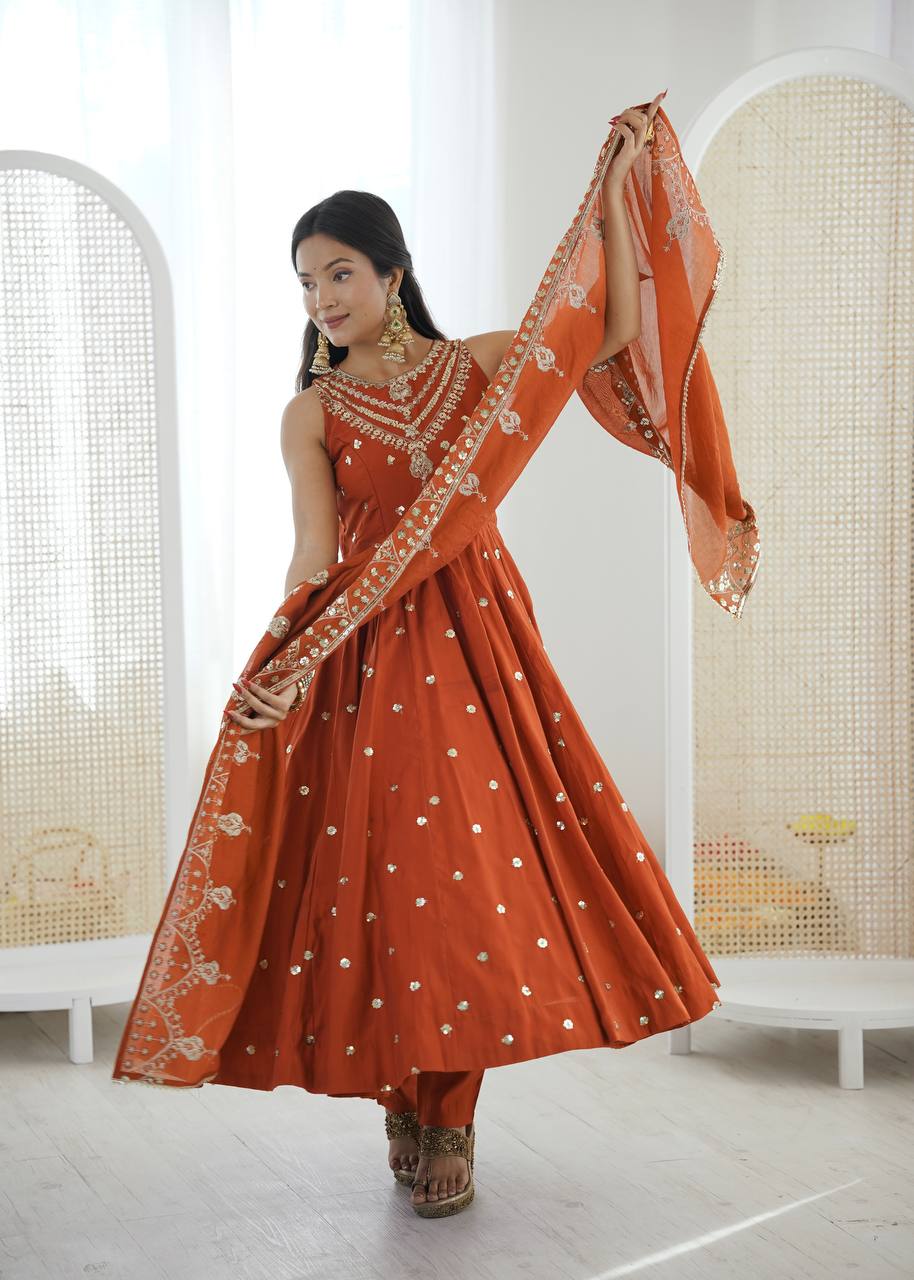 Rust Roman Embroidery Work Suit Set