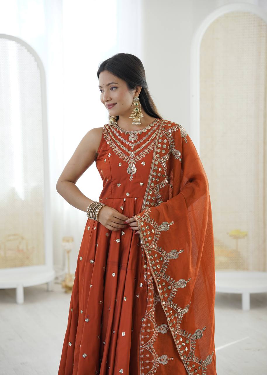 Rust Roman Embroidery Work Suit Set