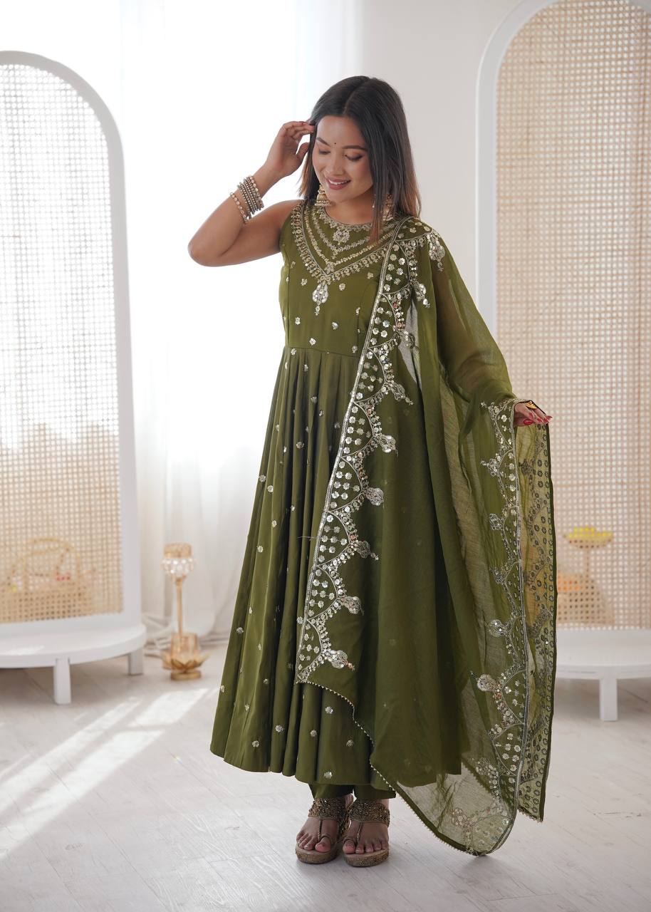 Green Roman Embroidery Work Suit Set