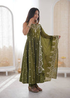Green Roman Embroidery Work Suit Set