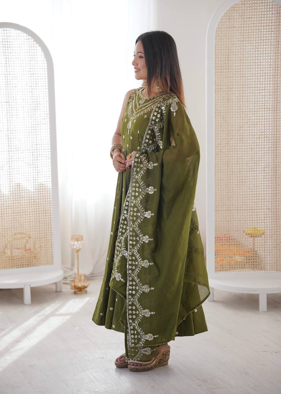 Green Roman Embroidery Work Suit Set