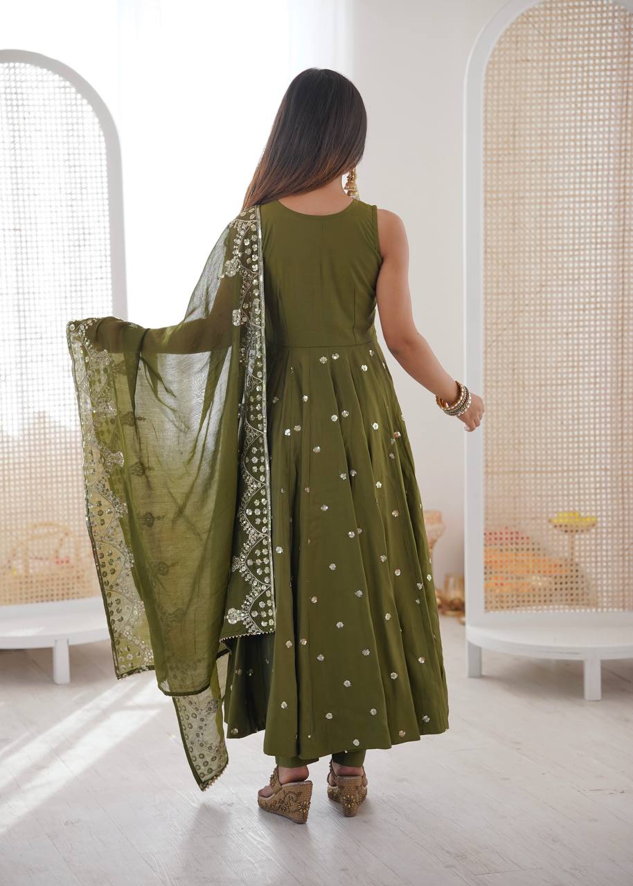 Green Roman Embroidery Work Suit Set