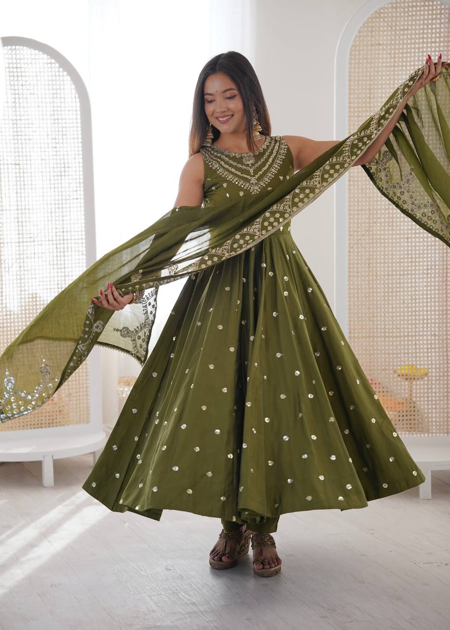 Green Roman Embroidery Work Suit Set