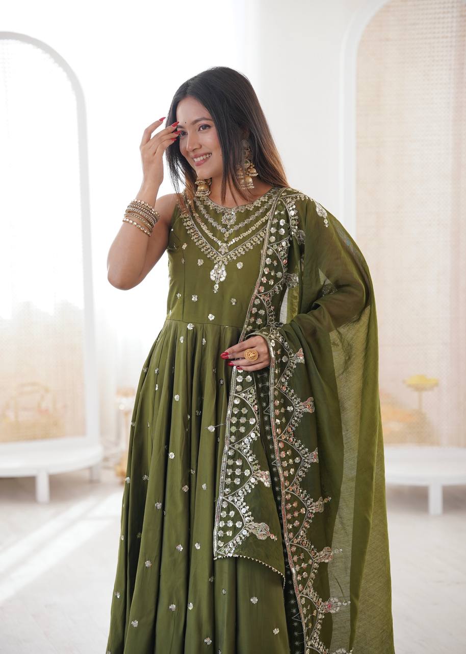 Green Roman Embroidery Work Suit Set