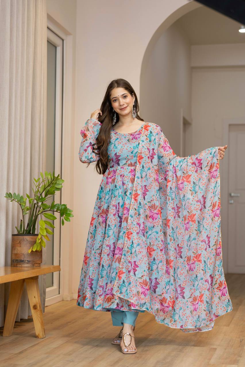 Blue Star Organza Kurta Set