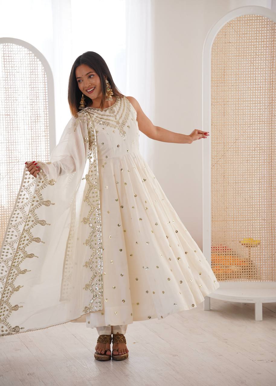 White Roman Embroidery Work Suit Set