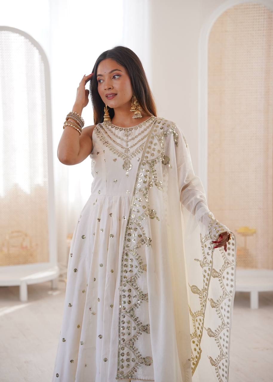 White Roman Embroidery Work Suit Set