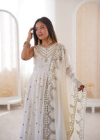 White Roman Embroidery Work Suit Set
