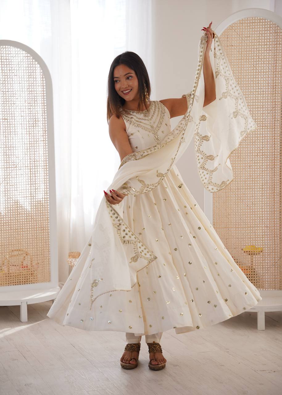 White Roman Embroidery Work Suit Set