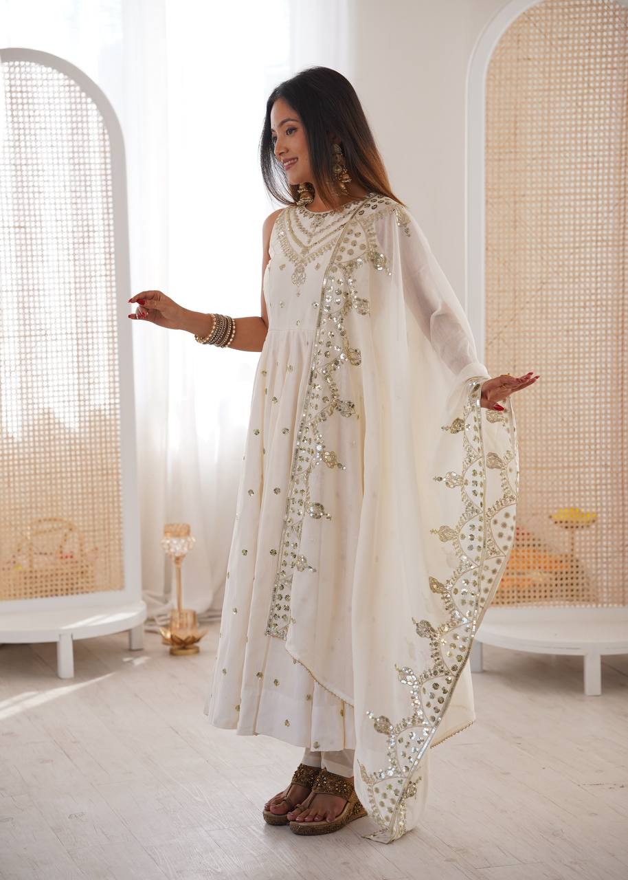 White Roman Embroidery Work Suit Set