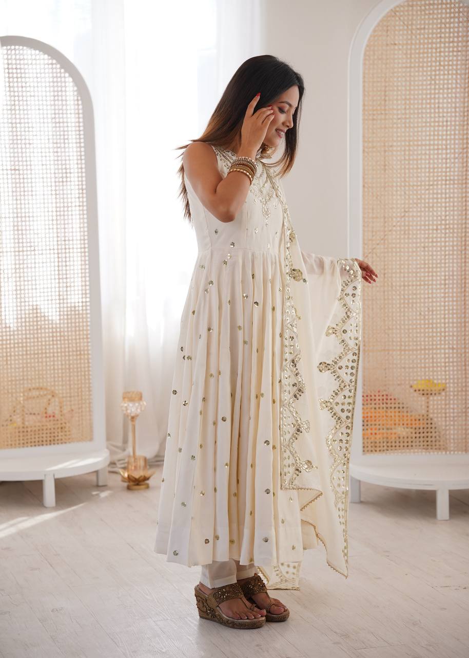 White Roman Embroidery Work Suit Set