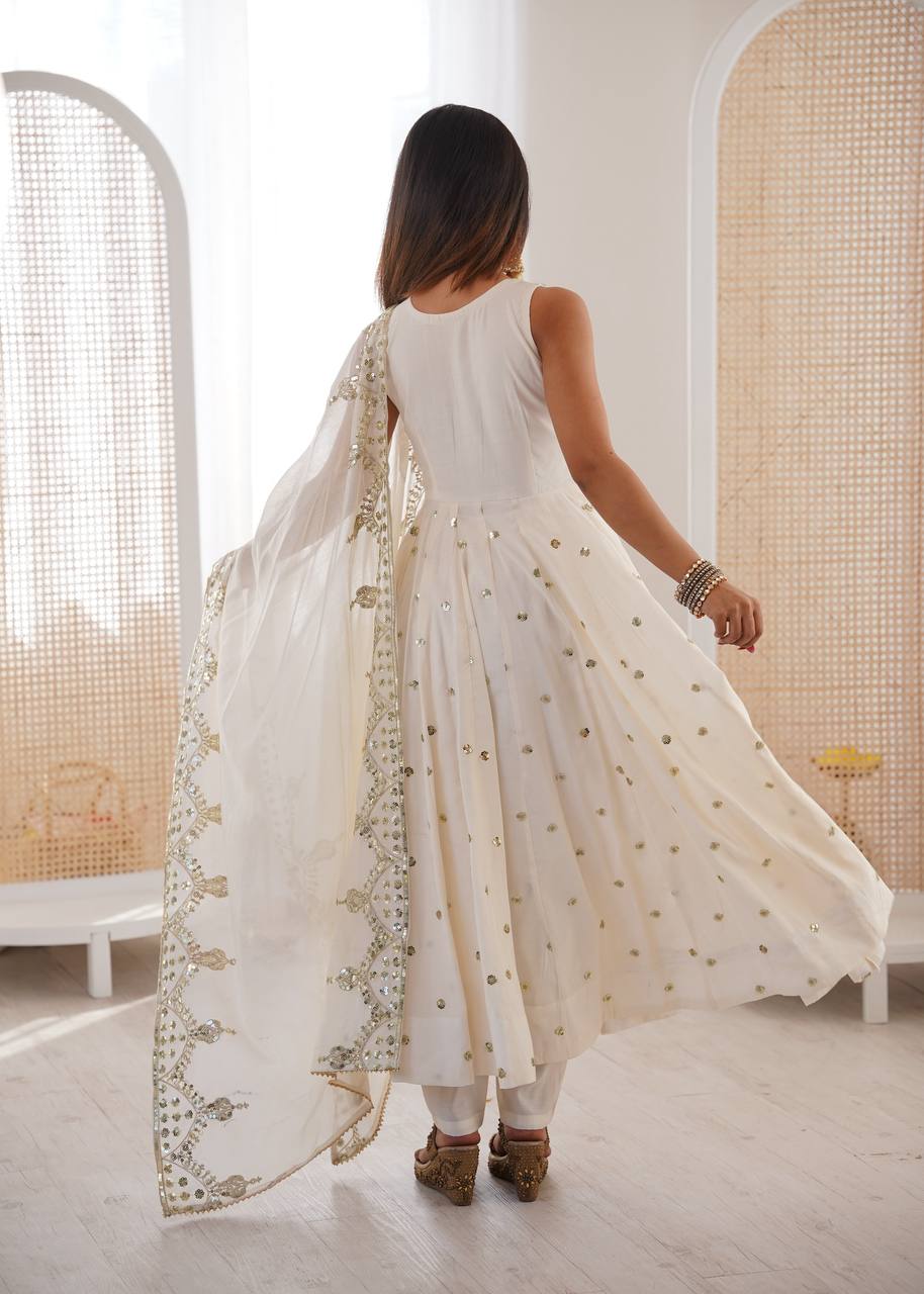 White Roman Embroidery Work Suit Set