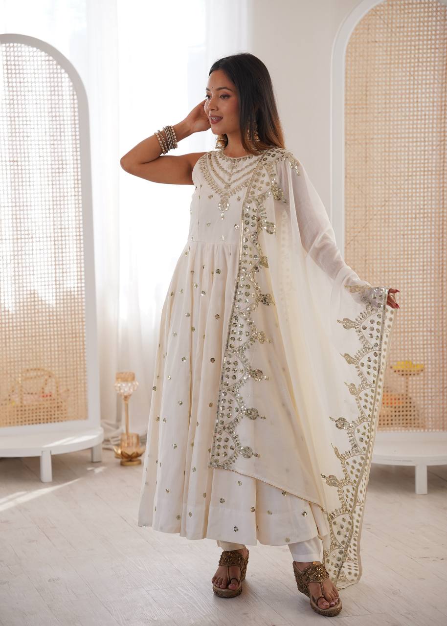 White Roman Embroidery Work Suit Set