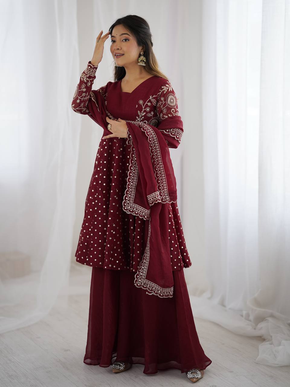 Maroon Crunchy Silk Sharara Set