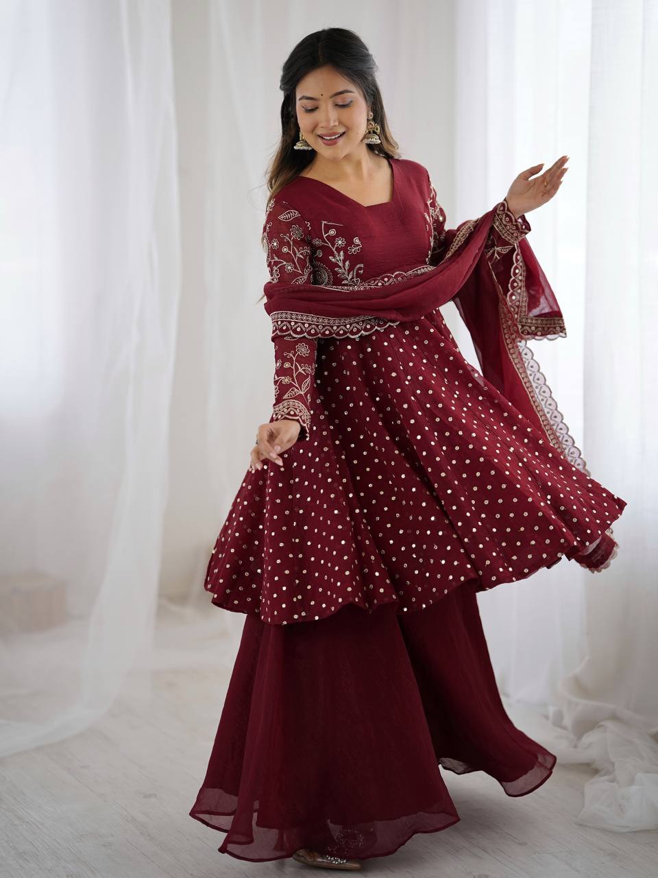 Maroon Crunchy Silk Sharara Set