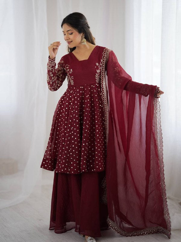 Maroon Crunchy Silk Sharara Set