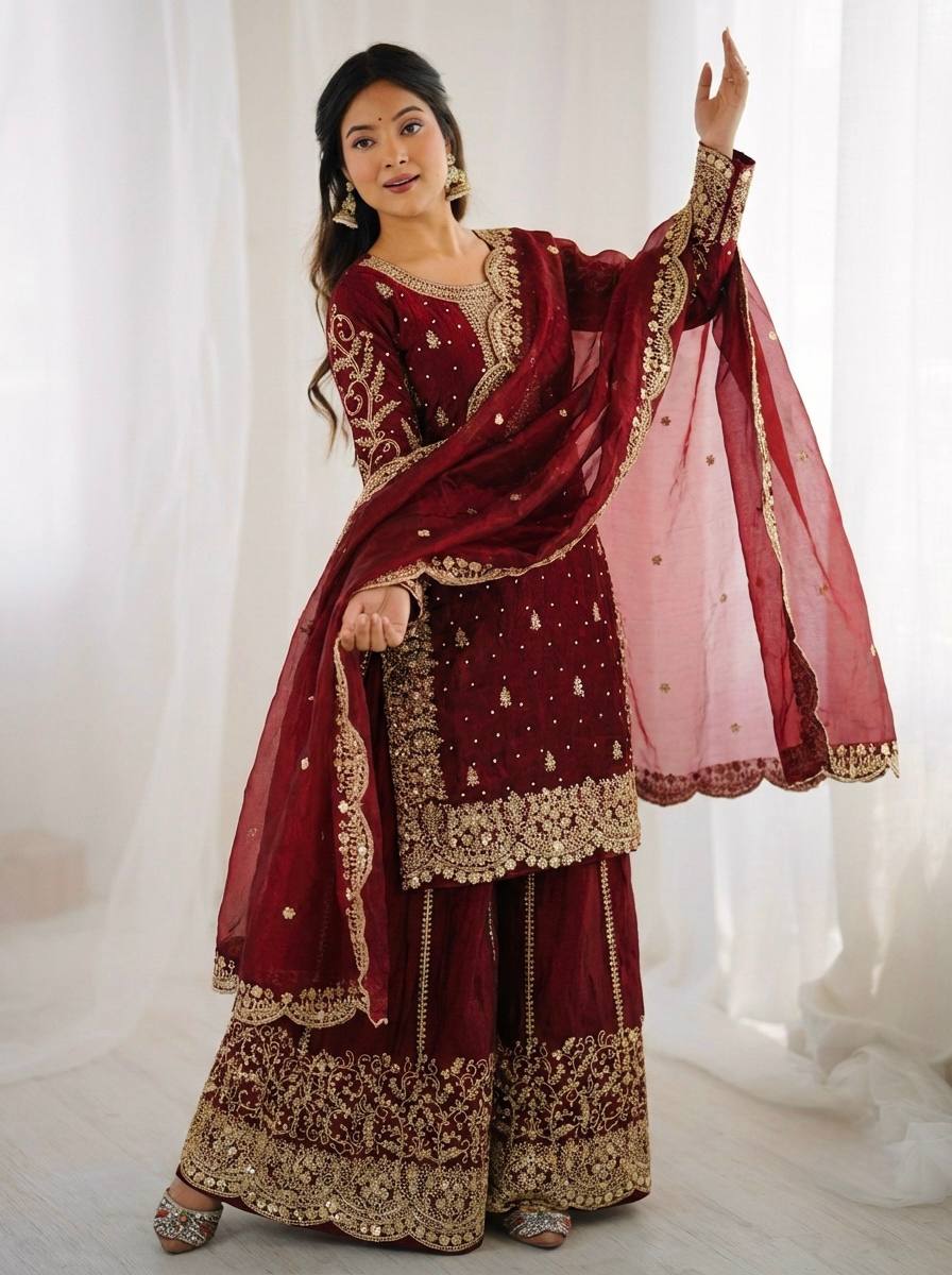 Maroon Mother-Daughter Fandy Silk Embroidery Sharara Set