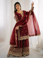Maroon Mother-Daughter Fandy Silk Embroidery Sharara Set