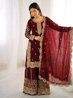 Maroon Fendy Silk Embroidery Sharara Set