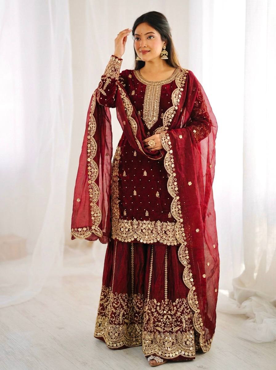 Maroon Fendy Silk Embroidery Sharara Set